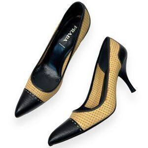 PRADA Woven Raffia Pointed Cap Toe Heels Black Leather Trim Pumps Size 41